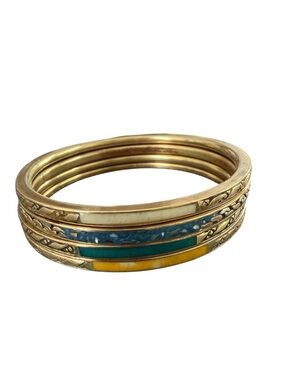 Vintage Brass Bangle Set Inlaid Resin Enamel Stack Bracelets Boho